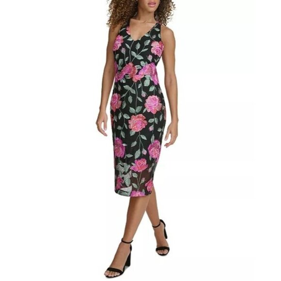 138$ Siena Floral Embroidered V-Neck Midi Dress Sleeveless Size 12 Charcoal Pink - Picture 3 of 4